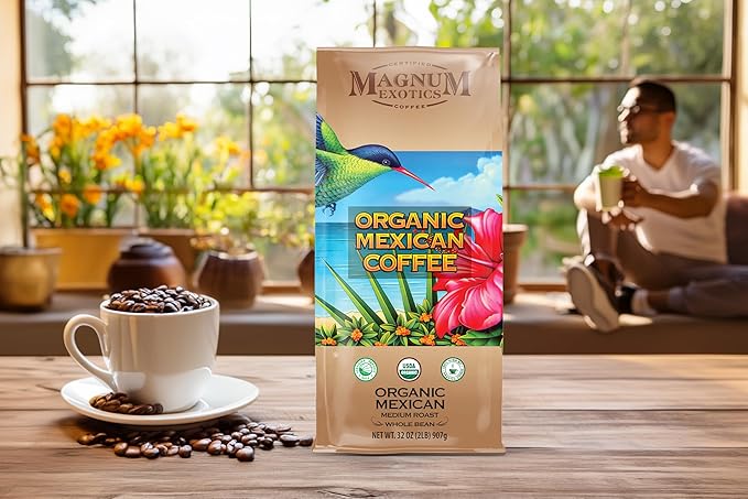 Magnum Exotics Organic Mexican Coffee - Medium Roast Whole Bean Low Acid USDA Certified Organic - 2 lb (32 oz)