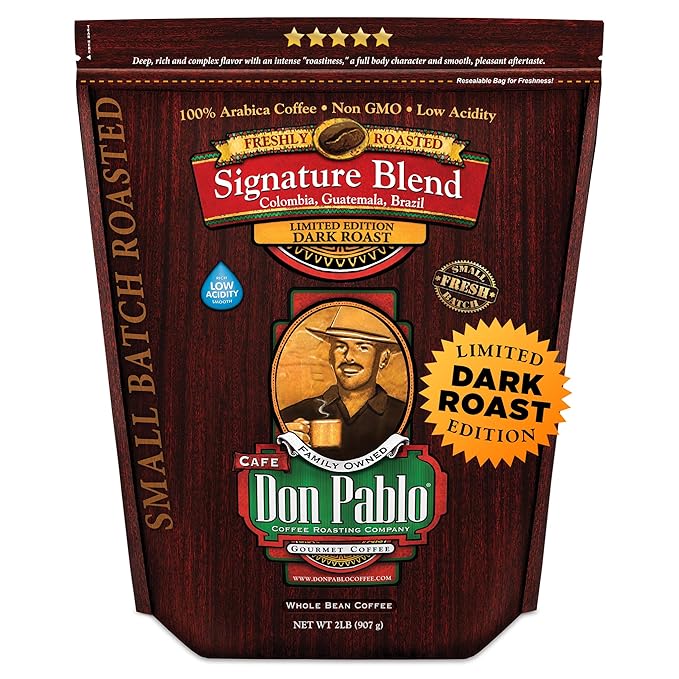 Don Pablo Signature Blend - Limited Edition Dark Roast Gourmet Coffee 100% Arabica Whole Bean Non-GMO Low Acidity 2 Pound (2 lb) Bag