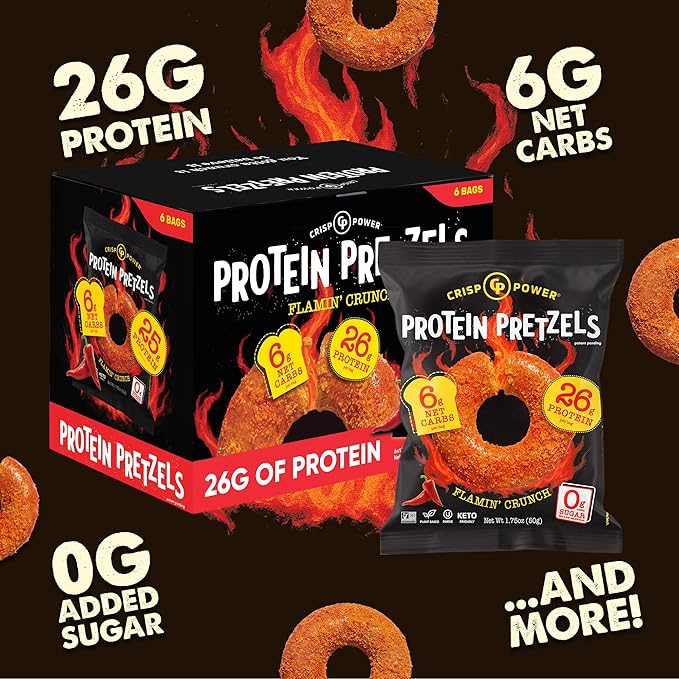 CRISP POWER Protein Pretzels NEW Flamin' Crunch 26G Protein High Protein Snack High Fiber Low Carb Crunchy Pretzel Snacks No Added Sugar 1.75 oz Bags 24 Pack Vegan Keto
