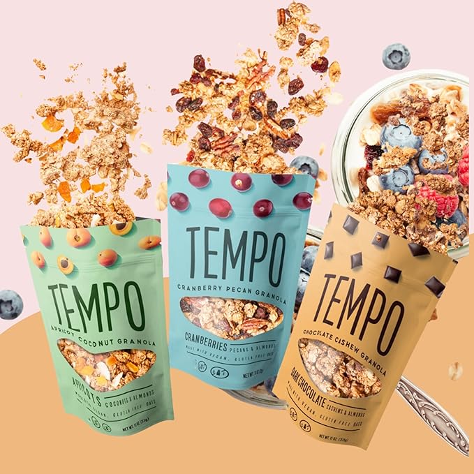 Tempo Granola Dark Chocolate Cashew Almond Loose Granola - 3 Pack of 11 oz Bags - Nutrient-Rich Gluten Free Vegan Oats High Protein Low Sugar Vegan Dairy Free Soy Free Vitamin E Prebiotics F