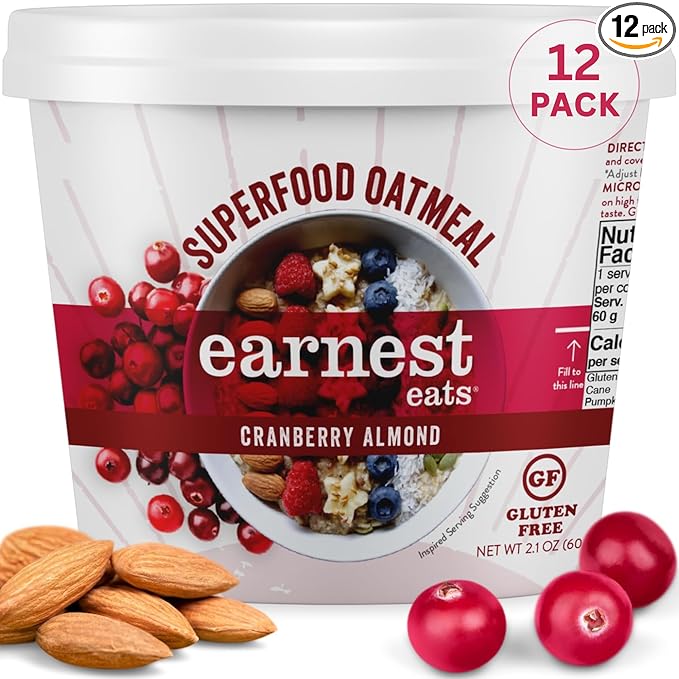 Earnest Eats Superfood Oatmeal Cups - Cranberry Almond Flax – 7g Plant Protein Gluten Free Vegan On-the-Go Breakfast 2.1 Ounces Each (12 Pack)