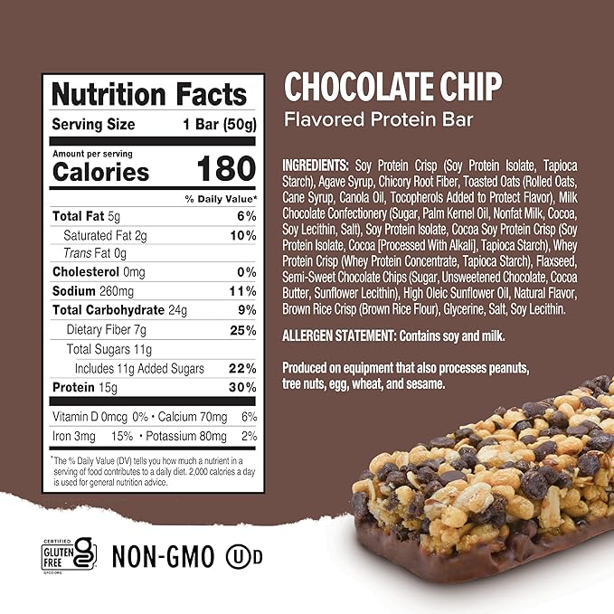 Ready® Protein Bars - High-Protein Snack with 15g Whey Protein All-Natural Ingredients Supports Lean Muscle and Recovery - Chocolate Chip (15 Pack)