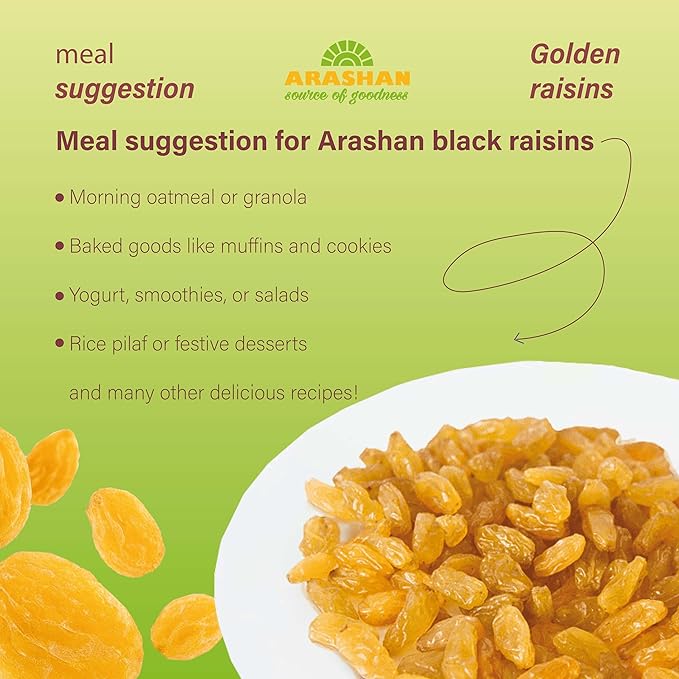 Arashan Golden Raisins – 380g (13.4 oz) – All Natural No Sugar Added – Sweet &amp Juicy – Healthy Dried Fruit Snack – Vegan &amp Gluten-Free – Non-GMO – Resealable Bag Pack of 1