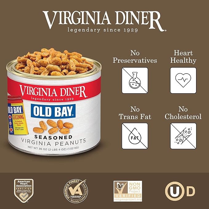 Virginia Diner Old Bay Natural Virginia Salted Roasted Peanuts Premium Heart Healthy Snack in Vacuum Sealed Tin 36 oz (Pack of 1)