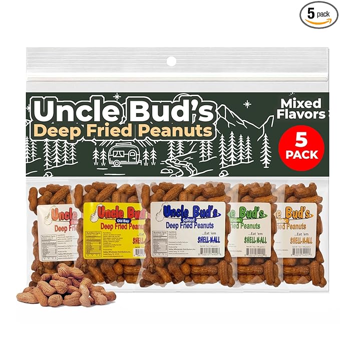 Uncle Bud's Deep Fried Peanuts In Shell (5 Pack) Peanuts Individual Packs: Salted Cajun Garlic Hot Old Bay Bacon BBQ Crunchy Flavored Peanut Variety Pack Spicy Peanuts Hot Peanuts In Shell