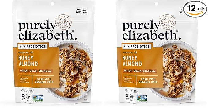 Purely Elizabeth Honey Almond + Probiotics Ancient Grain Granola Gluten Free &amp Non-GMO 8 Ounce (Pack of 2)