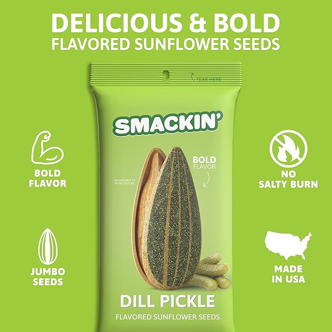 SMACKIN' Sunflower Seeds Roasted Jumbo Small-Batch American Made - Dill Pickle. 1.5oz bags (6 Pack)