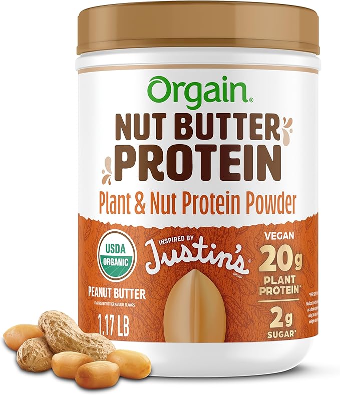 Orgain X Justin's ® Organic Vegan Nut Butter Protein Powder Peanut Butter- 20g Plant Protein 2g Sugar Gluten Free No Dairy Soy Ingredients or Artificial Flavors 1.17 lb