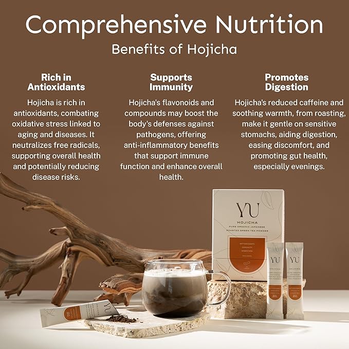 Yu Tea Organic Hojicha Green Tea Powder 30 Instant Packets | Rich in Antioxidants &amp EGCG | Pure Japanese Roasted Green Tea | Low Caffeine &amp Unsweetened Matcha Alternative | Single Serve Stick