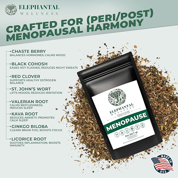 Elephantal Wellness Premium Menopause Herbal Tea | Hormonal Balance &amp Hot Flash Support with Chaste Berry Red Clover Black Cohosh &amp Valerian | Handmade Caffeine-Free Non-GMO Loose Leaf Ble