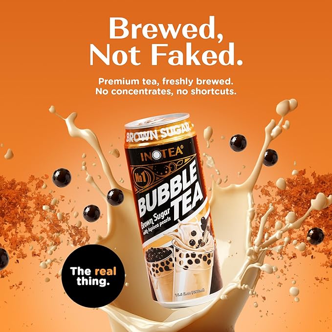 Inotea Bubble Tea with Tapioca Pearls - Delicious Instant Boba Tea - Ready-to-Drink Black Milk Tea - Comes in Large 16.6 oz Cans - Enjoy Real Boba Without the Long Lines - Brown Sugar - 12 pack