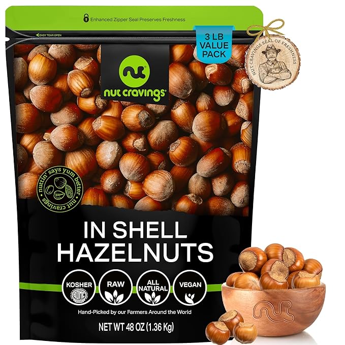 NUT CRAVINGS Raw Hazelnuts Filberts In Shell Whole (48oz - 3 LB) Bulk Nuts Packed Fresh in Resealable Bag Healthy Protein Food Snack Food Assortments Ideal for Trail Mixed Nuts