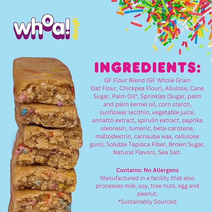 Whoa Dough Edible Cookie Dough Bars- Certified Non-GMO Kosher and Gluten Free Bars - Healthy Snack Foods - Plant Based Snacks Made With Real Ingredients - Sprinkle Sugar Cookie Dough - 4 Pack