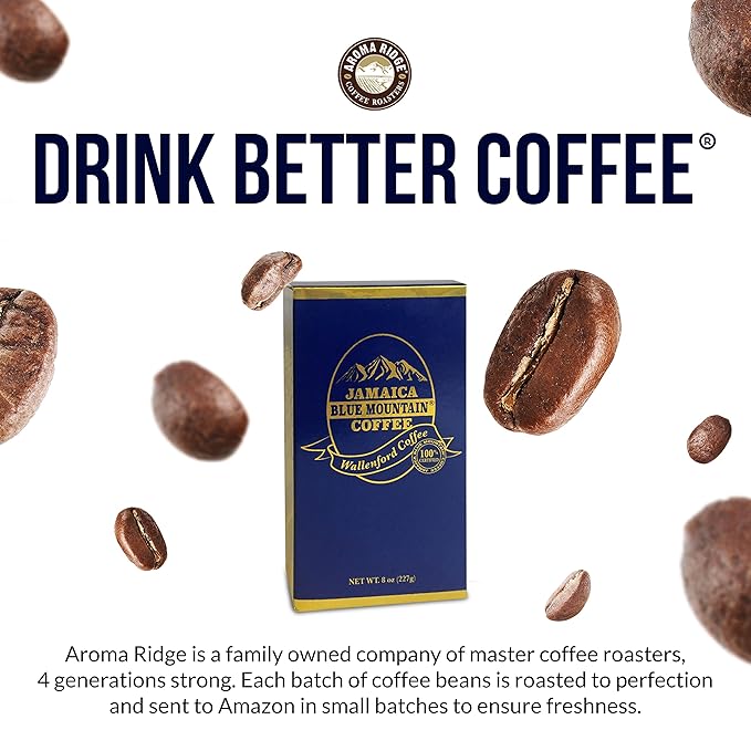 Aroma Ridge Jamaica Blue Mountain® Coffee Whole Bean 8oz Gift Box - Medium Roast Fresh Roasted in USA - 100% Pure and Authentic Jamaican Gourmet Coffee with a Smooth Milk Chocolate Finish | Grade 01