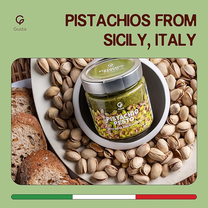 Authentic Italian Imported Pistachio Pesto Savory Sauce - Only 3 Ingredients - Creamy Gourmet Spread for Pasta - Sicilian Pistachios &amp Extra Virgin Olive Oil - 6.35oz Jar