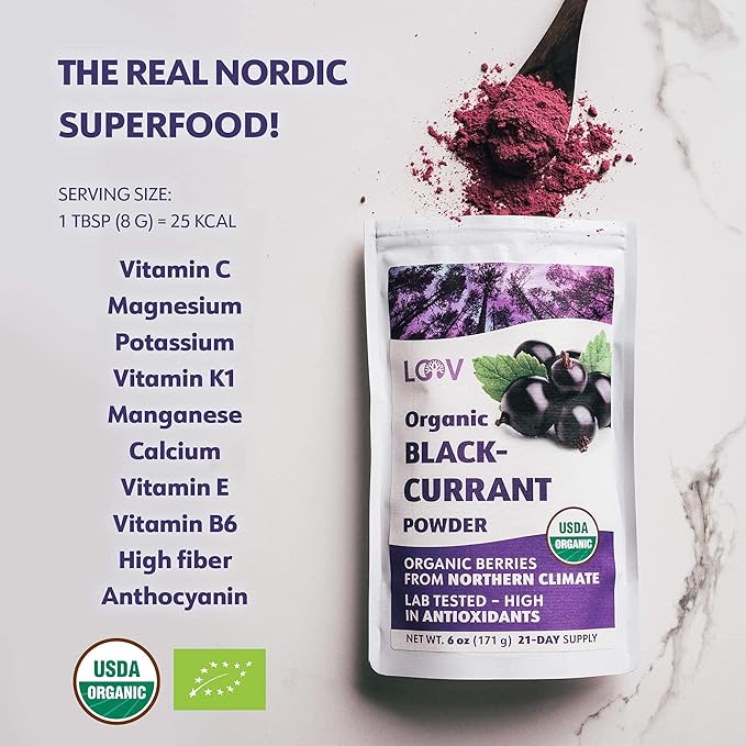 LOOV Blackcurrant Powder Organic Made from 100% Whole Blackcurrants Freeze Dried and Powdered Organic Blackcurrants 6 Ounces 23-Day Supply Grown in Northern Europe no Added Sugar