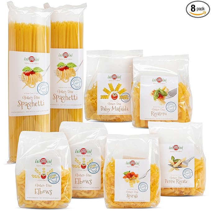 isiBisi Gluten Free Pasta Sampler 8-Pack - Penne Spaghetti Rigatoni Elbow Baby Mafalda Spirali Noodles - Non GMO Vegan Made in Italy