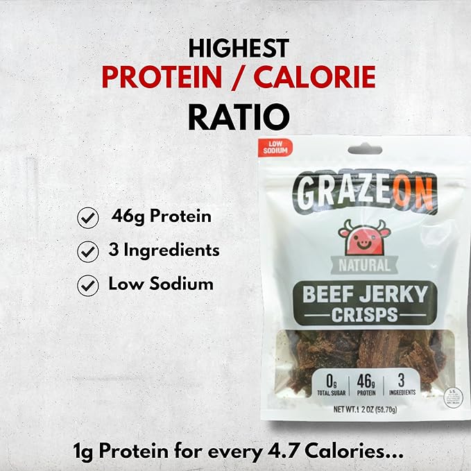 GrazeOn Beef Jerky Crisps Variety Pack - High Protein No Sugar Crunchy Air-Dried Meat Snack All-Natural Low Carb Keto Paleo Whole30 Protein Pack Jerky Sampler with Salt Salt and Pepper Natur