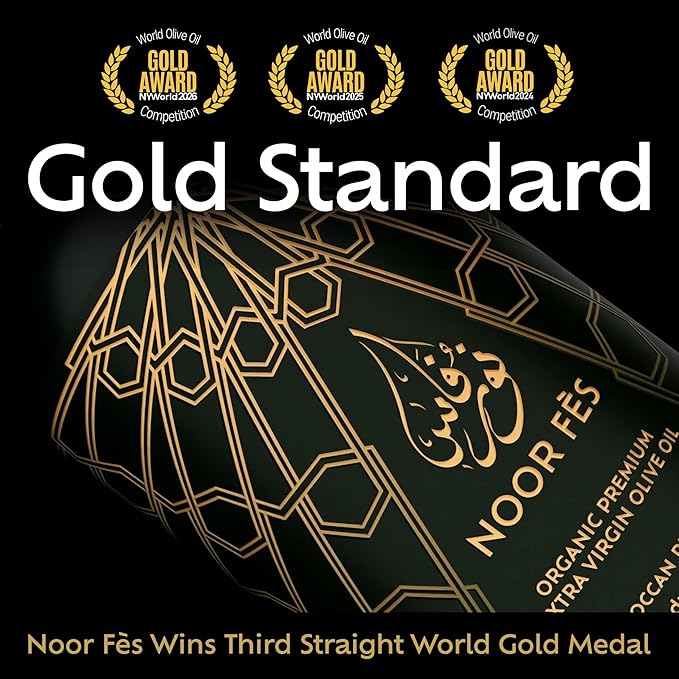 NOOR FÈS Extra Virgin Olive Oil | 24 Global Awards | 584 mg/kg High in Polyphenols | USDA Organic | Premium Moroccan Picholine Olives | Great Gift for Chefs | Cold Extracted Olive Oil | 67 Fl Oz