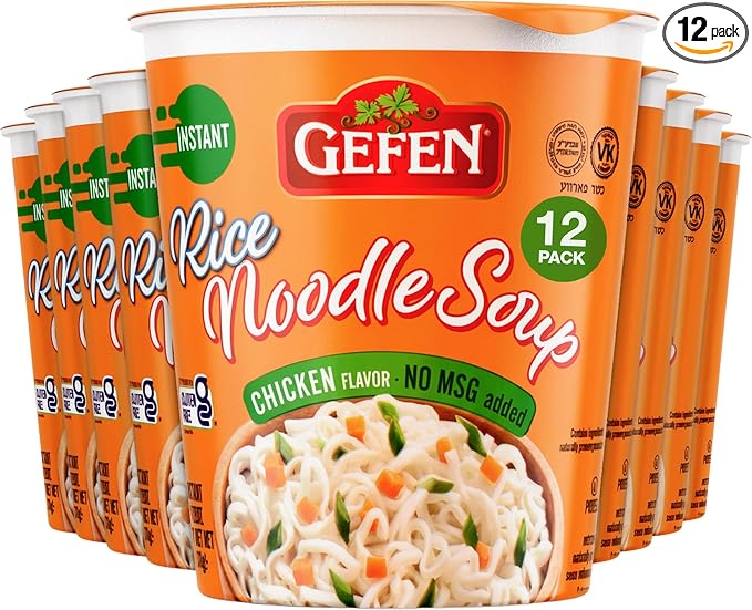 Gefen Gluten Free Instant Rice Noodle Soup Cup 2.3oz (12 Pack) | No MSG Imitation Chicken Soup Flavor Made with Rice Noodles Dairy Free Meat Free Kosher Just Add Hot Water &amp Serve
