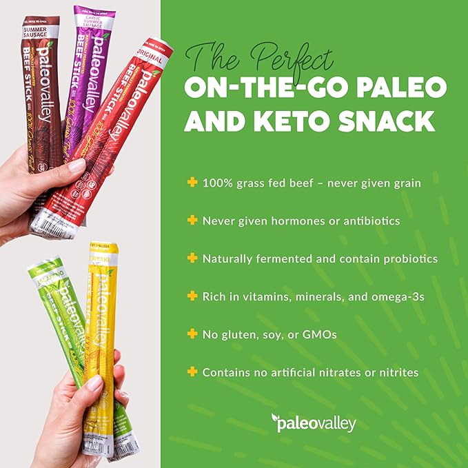Paleovalley 100% Grass Fed Beef Sticks - Delicious Gluten Free Beef Snack - High Protein Keto Friendly 50 Count Variety Pack