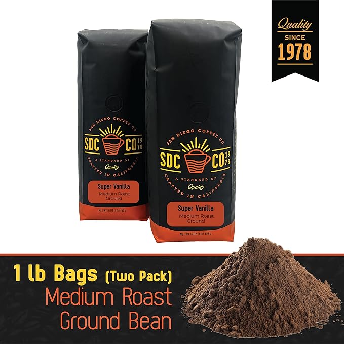 San Diego Coffee Super Vanilla Medium Roast Ground Coffee 16-Ounce Bags (Pack of 2) Café molido tostado