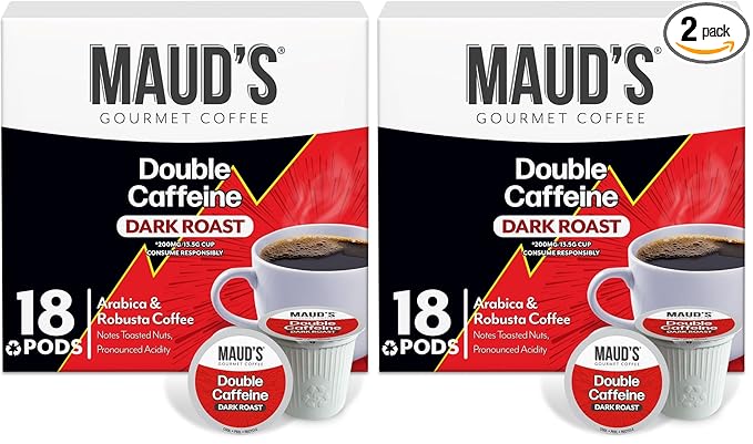 Maud's Double Caffeine Coffee Pods 18 ct Dark Roast Coffee in Recyclable Single Serve Pods – 100% Arabica Coffee Compatible with Keurig K Cups Maker (Pack of 2)