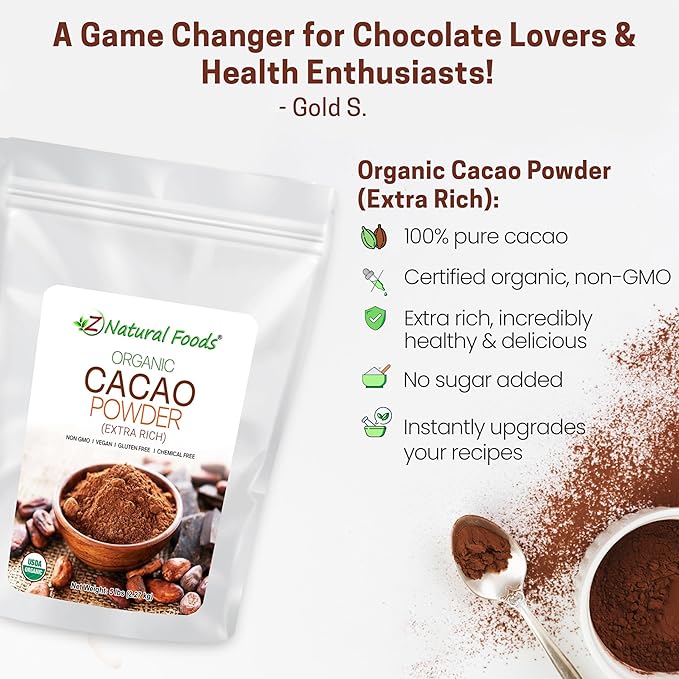 Z Natural Foods Organic Cacao Powder - Unsweetened Nutrient-Dense Superfood for Healthy Aging - Extra-Rich Dark Chocolate Flavor Perfect for Chocolate Recipes Shakes or Smoothies 5 lbs