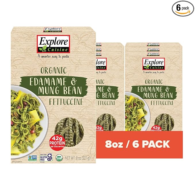 Explore Cuisine Organic Edamame &amp Mung Bean Fettuccine -Easy-to-Make Pasta - High in Fiber and Plant-Based Protein - Non-GMO Gluten Free Vegan 8 oz (Pack of 6)