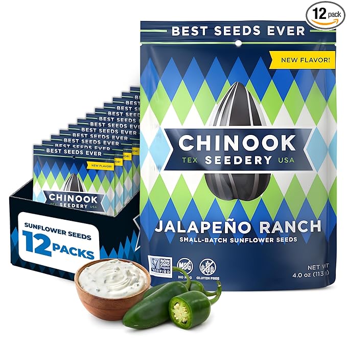 Chinook Seedery Sunflower Seeds to Eat — Jumbo Flavored Roasted Low Sodium Snacks — Keto Friendly Gluten-Free Non-GMO — Jalapeno Ranch Flavor 4 oz (12-Pack)