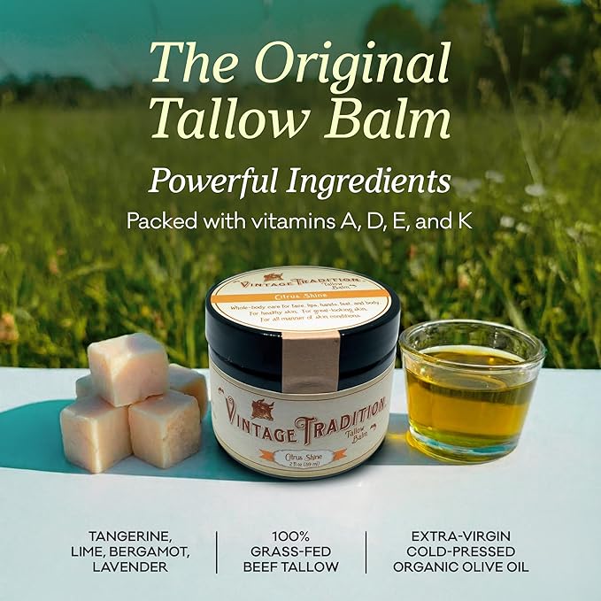 Vintage Tradition Beef Tallow All Purpose Balm – Healing Hydrating Citrus Oil Skin Care Salve Replaces Body Lotion Hand Cream More – Essential Oila Olive Oil and Grass-Fed Tallow 2 fl. oz.