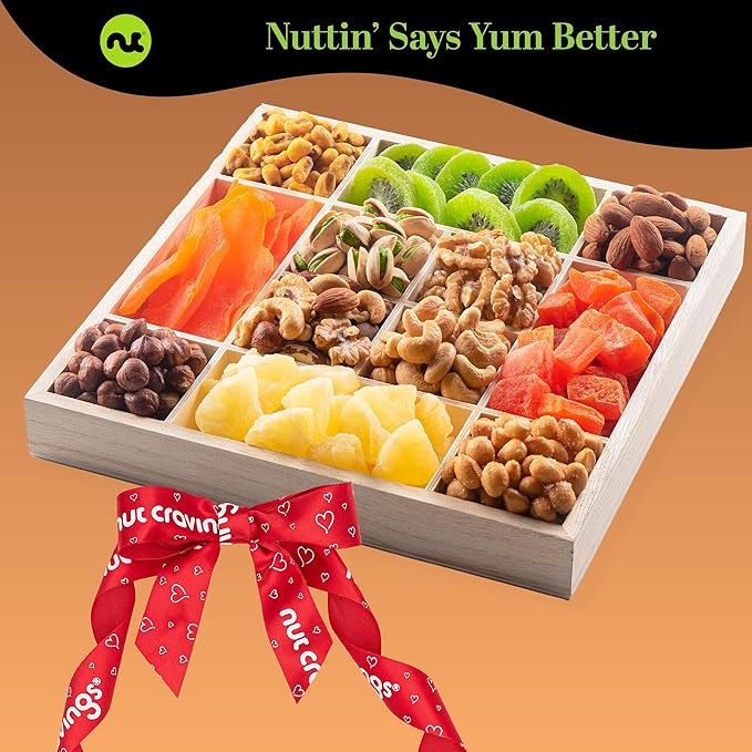 NUT CRAVINGS - Easter Dried Fruit &amp Mixed Nuts Gift Basket in Reusable Wooden Tray + Ribbon (12 Assortments) Ramadan Gifts Food Arrangement Healthy Snack Care Package Kosher
