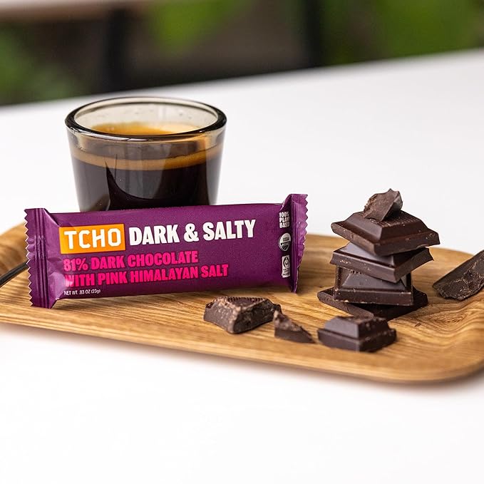 TCHO Dark &amp Salty Chocolate Bars (18 pack) | 100% Plant-Based Organic 81% Dark Chocolate with Pink Himalayan Salt | Vegan Soy-Free Gluten-Free Individually Wrapped Bars | A Guilt-Free Indulgen