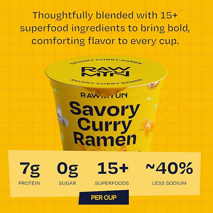 RAWMYUN Gluten Free Healthy Korean Ramen Vegan Superfood Clean Ingredients Plant-Based Cup Noodles made with Organic Rice Noodles Instant Soup | No MSG Non-GMO Real Ingredients (6 Savory Curry)