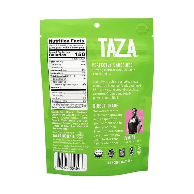 Taza Chocolate Organic Chocolate Covered Cashews 55% Dark Chocolate Vegan 4.2 Ounce (12 Count)