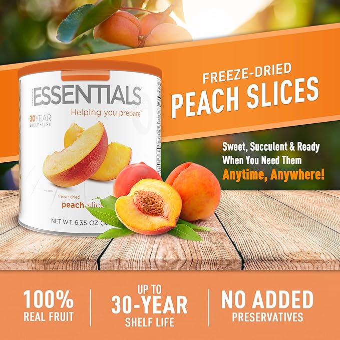 Emergency Essentials Freeze-Dried Peach Slices #10 Can Freeze-Dried Fruit Freeze-Dried Peaches Peach Rings Snacks Emergency Food Cans 30-Year Shelf Life Food