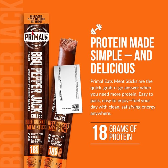 Primal Eats BBQ Pepper Jack Beef Brisket Meat Sticks 3oz 10-Pack - 18g Lean Meat Protein Keto Paleo Carnivore Gluten Free Beef Jerky Snack Stick