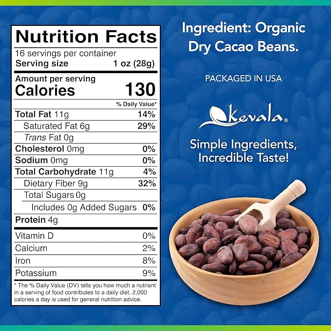 Kevala Organic Cacao Beans - Sun Dried Natural Beans for Brewing Sugar Free Base for Homemade Chocolate Nutritious Addition to Breakfasts and Drinks Vegan Option with No Additives 1 lb 16 oz