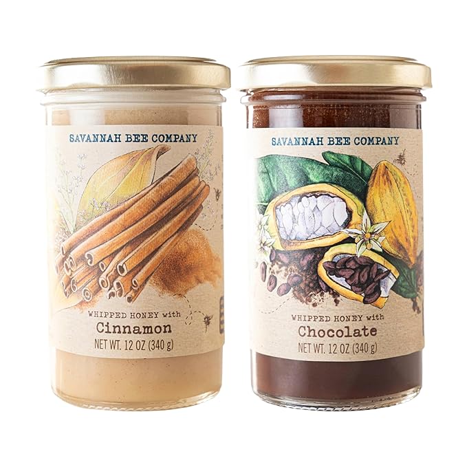 Whipped Honey Gift Set by Savannah Bee - Creamy Smooth Spreadable and absolutely Delicious - 100% Natural and Pure Honey - 12 Oz (Cinnamon and Chocolate)