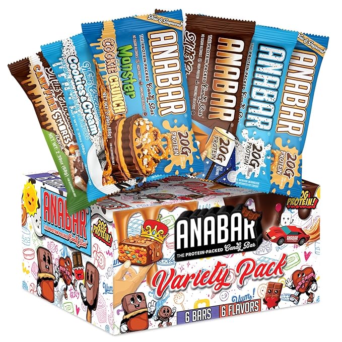 Anabar Protein Bar The Sampler Pack The Protein-Packed Candy Bar World's Best Tasting Protein Bar No Sugar Alcohols High Protein Amazingly Delicious 20 Grams of Protein (6 Bars Crunch &amp Cr