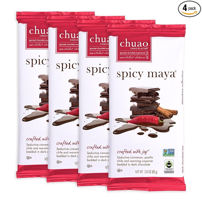 Chuao Chocolatier Spicy Maya Dark Chocolate Bars | Gourmet Cinnamon Cayenne Artisan No Preservatives | 4 Pack (2.8 oz each)