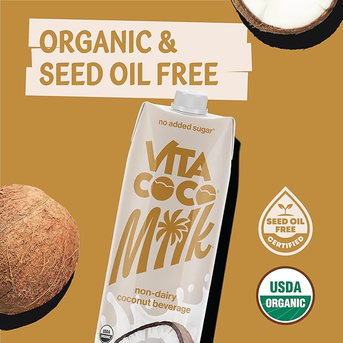 Vita Coco Vanilla Organic Coconut Milk Plant Based Dairy Free Milk Alternative - Gluten Free Soy Free and Unsweetened - Perfect Add to Cereal Smoothies Desserts -33.8 Fl Oz (Pack of 6)