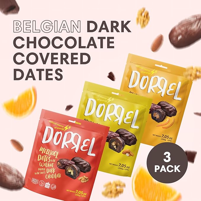 DORREL - Trio Bundle Pack: Belgian Dark Chocolate Covered Dates Medjool with Candied Orange Peels Salted Almonds &amp Walnuts Stuffing High Energy Kosher Non-GMO Vegan Choco Snack Pack of 3 7.05 o