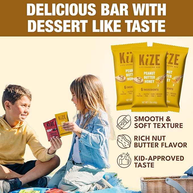 KiZE Energy Bars - Peanut Butter Honey - 20-Count - Gluten Free Dairy Free Non-GMO and High Protein Meal Replacement Energy Bars Clean and Simple Food Ingredients - 7g High Protein Snacks (20 Coun