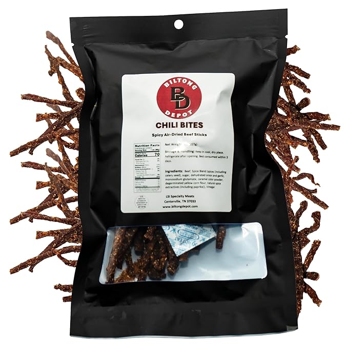 Biltong Depot Chili Bites - 8oz | Thin Sliced Air-Dried Beef Sticks | Spicy Beef Jerky Snack | High Protein | Keto &amp Paleo Friendly | Zero Sugar | Gluten Free
