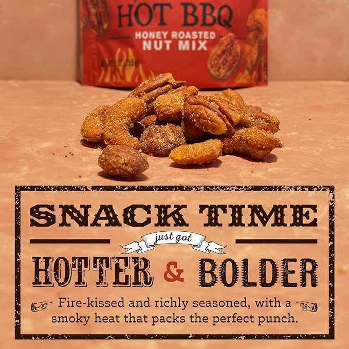 Rufus Teague Hot BBQ Honey Roasted Nuts Mix Sweet &amp Spicy Almonds Cashews &amp Pecans 9 oz Resealable Pouch (No Peanuts) 2 Pack