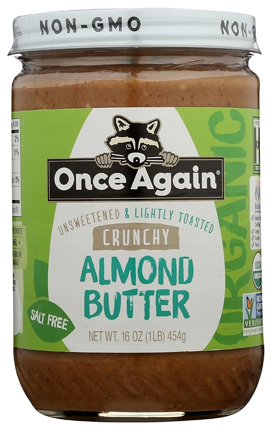 Once Again Organic Crunchy Almond Butter 16oz - Lightly Toasted - Salt Free Unsweetened - USDA Organic Gluten Free Certified Peanut Free Vegan Kosher Paleo - Glass Jar