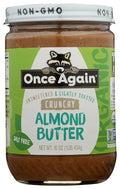 Once Again Organic Crunchy Almond Butter 16oz - Lightly Toasted - Salt Free Unsweetened - USDA Organic Gluten Free Certified Peanut Free Vegan Kosher Paleo - Glass Jar