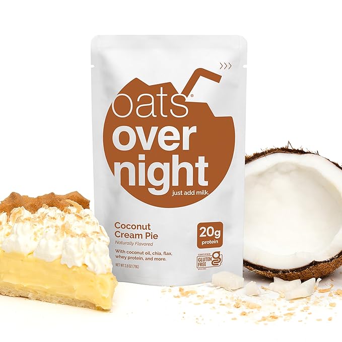 Oats Overnight Coconut Cream Pie - Overnight Oats with 20g Whey Protein High Fiber Breakfast Protein Shake - Gluten Free Oatmeal Non GMO High Protein Oatmeal (2.8 oz per Meal) (8 Pack)