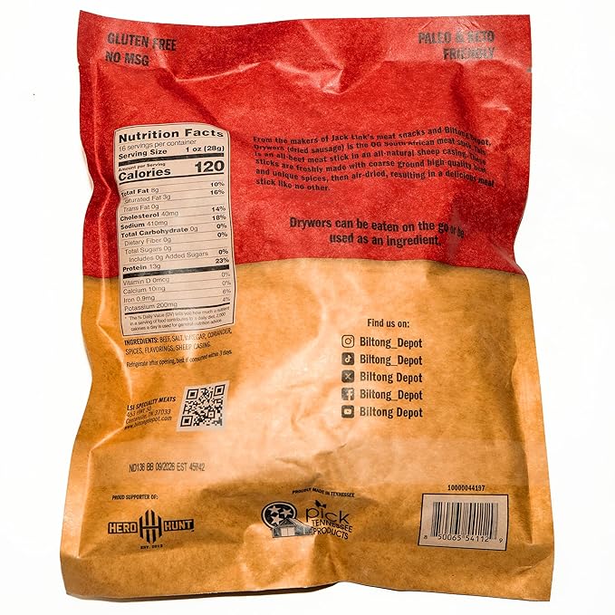 Biltong Depot Original Drywors - 1lb (16oz) | Air-Dried Beef Snack Sticks | High Protein | Keto &amp Paleo Friendly | Zero Sugar | Gluten Free | No Artificial Preservatives | No MSG